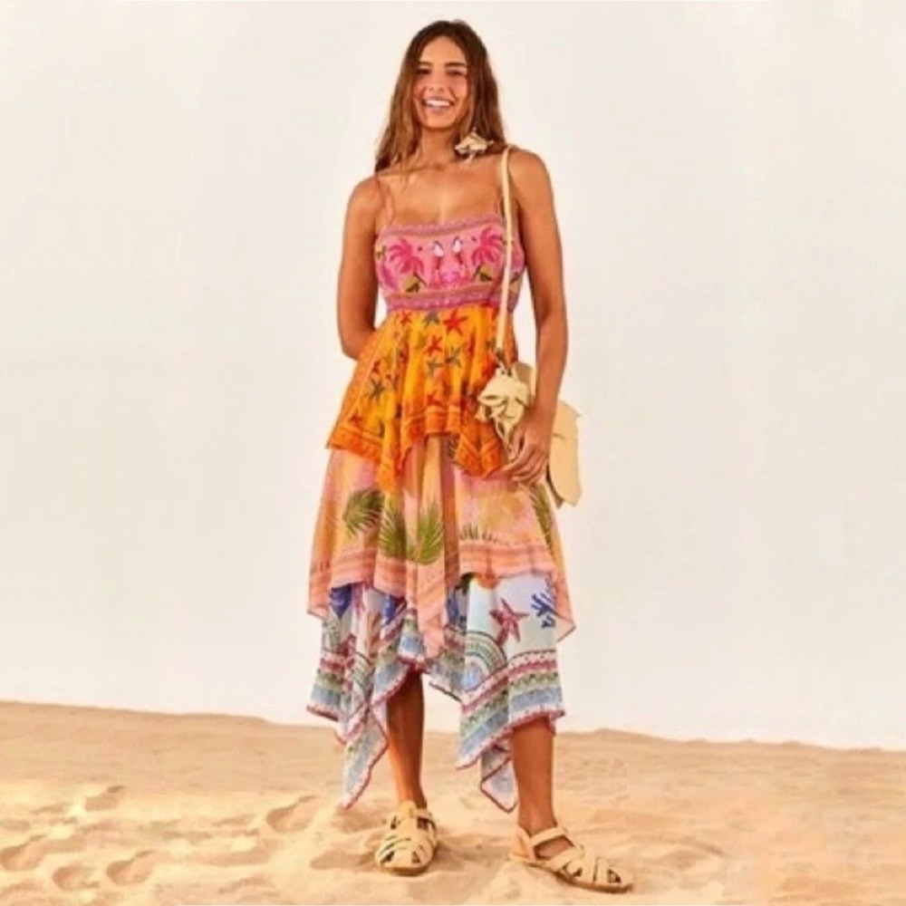 Farm Rio Mixed Scarves Layered Midi Dress Size Medium
